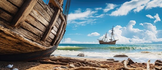 Aufkleber - In the front view image an old wooden ship battered by a storm washed ashore near the harbor framed by the clear blue sky providing ample copy space