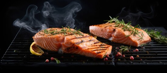 Poster - Salmon fillets steaks are beautifully grilled with a seasoning of salt pepper and herbs on the grill The dish is presented with a gray background as viewed from the top with ample copy space
