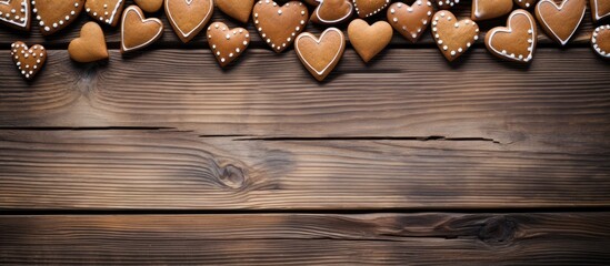 Poster - Wooden background with a border of heart shaped gingerbread cookies providing plenty of space for copy and images