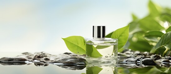 Poster - Closeup of a bottle of face serum accompanied by spa stones and a leaf submerged in water on a light background Ideal for adding text. with copy space image. Place for adding text or design