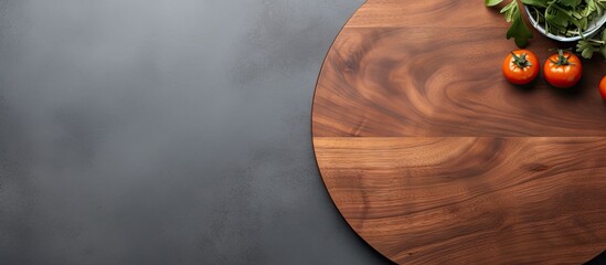 Aufkleber - A close up top view of a wooden cutting board with a round shape placed on a gray background accompanied by kitchenware Copy space image