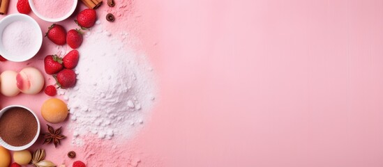 Aufkleber - A top down view of a bright pastel pink background adorned with various home baking ingredients creating a visually appealing image with space for text. with copy space image