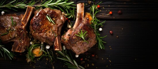 Aufkleber - Top view of braised lamb chops with garlic rosemary and peppercorns featuring a copy space image