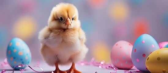 Leinwandbilder - A cute Easter chicken with colorful decorations placed against a backdrop with a blank space for text or other images. with copy space image. Place for adding text or design