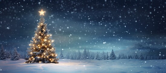 Poster - A Christmas tree shines brightly at night accompanied by falling snow creating a beautiful scene with empty space for additional content