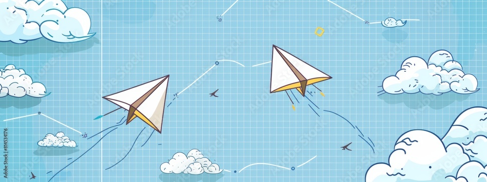 A simple illustration of two paper airplanes flying in the sky, one is ...