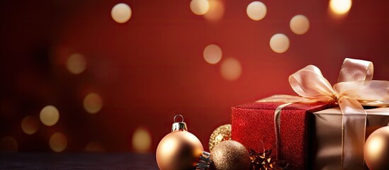 Aufkleber - Closeup of Christmas gifts decorations and rope on a color background with copy space image