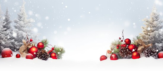 Poster - Isolated Christmas background featuring a variety of colorful ornaments gift boxes berries and fir branches in a snowy setting Copy space image