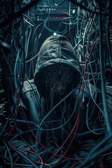 Poster - A man wearing a hoodie standing among tangled wires. Suitable for technology or urban themes