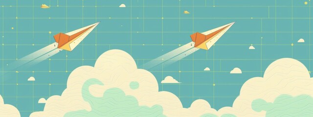 A simple illustration of two paper airplanes flying in the sky, one is yellow and white with clouds around it, on a graph paper background, in the style of vector art with a flat design using simple