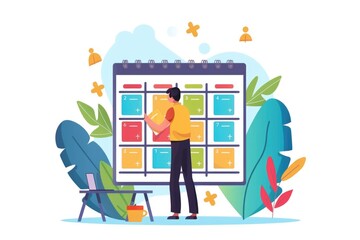 Poster - A man standing in front of a large calendar, perfect for scheduling and time management concepts