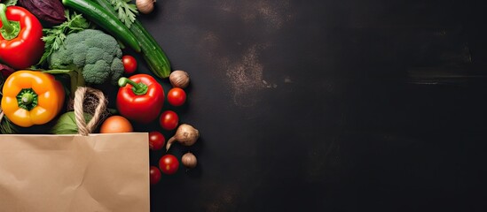 Aufkleber - Top view of a paper bag filled with fresh vegetables and fruits on a dark background creating a captivating copy space image