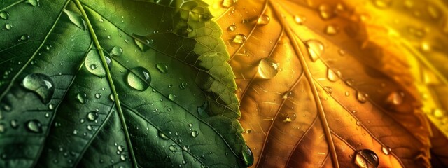 Green and yellow autumn leaves with water drops. No people, close up, copy space. Panoramic banner with fall colors. 