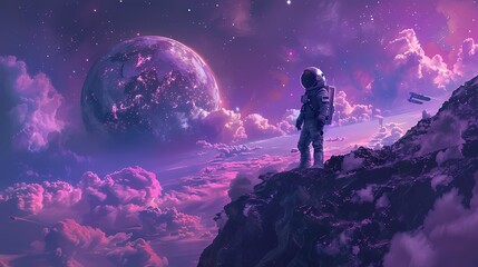 Digital technology blue and purple space astronaut poster background
