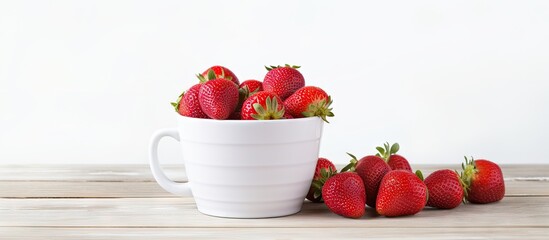 Aufkleber - Healthy food consisting of red strawberries arranged in a cup on a white washed wood surface with ample copy space image