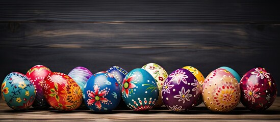 Aufkleber - Copy space image of brightly decorated Easter eggs displayed on a rustic wooden background