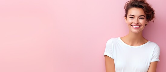 Aufkleber - Cheerful guy posing on a pink pastel background showing an empty copy space image