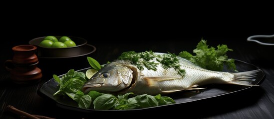 Poster - A white Pomfret fish is presented on black plates accompanied by fresh green coriander creating a copy space image