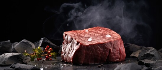 Aufkleber - A marble background sets the stage for a captivating image of a juicy beef fillet creating a visually appealing copy space