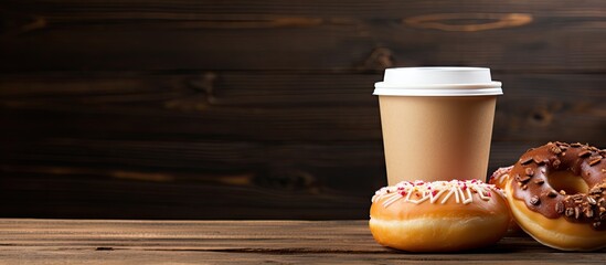 Fototapete - There is a copy space image with a wooden background featuring a fresh donut and take away coffee