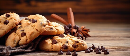 Aufkleber - Delicious cookies with chocolate chips on a rustic wooden surface perfect for a copy space image