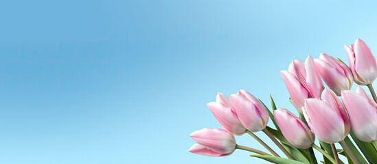 Poster - A panoramic flat lay image featuring a bouquet of tulip flowers against a blue sky background with ample copy space