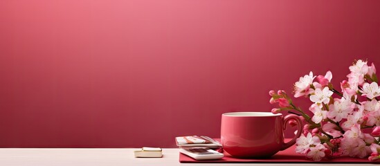 Poster - Copy space image of a pink desk with a red diary notepad and tea cup on top The table is adorned with flowers creating a vibrant office workplace background