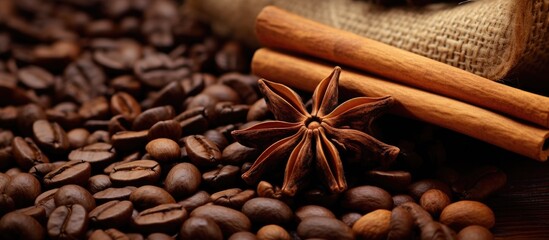 Poster - Closeup of coffee beans and cinnamon sticks with copy space image