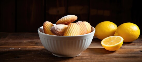 Poster - A bowl and a coffee cup rest on a wooden table showcasing lemon glaze madeleines The table offers ample space for text in the image Madeleines are traditional French seashell shaped sweet cakes resem
