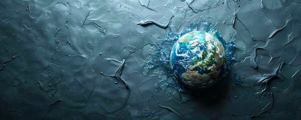 Poster - A surreal top view of the Earth appears to be melting into a minimalist color background, symbolizing the concept of global boiling. The image features ample copy space, emphasizing the dramatic