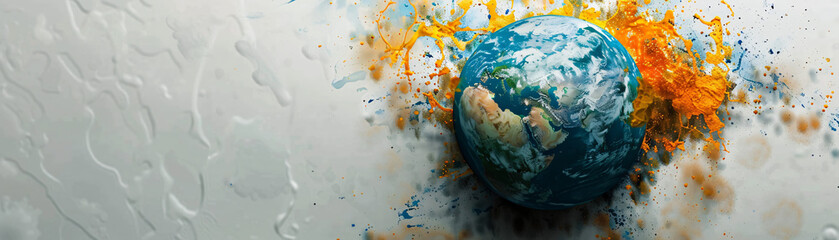 Poster - A surreal top view of the Earth appears to be melting into a minimalist color background, symbolizing the concept of global boiling. The image features ample copy space, emphasizing the dramatic