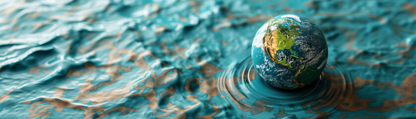 Poster - A top view of a minimalist color background depicts the Earth melting into a pool of liquid, symbolizing the concept of global boiling. The unreal, almost surreal quality of the image captures the