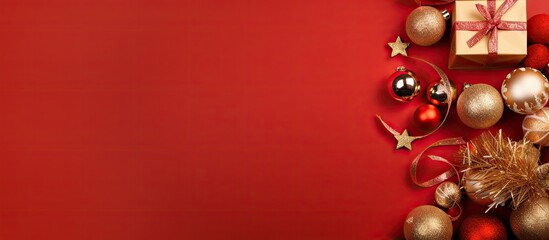 Aufkleber - Preparing for the holidays a top view Christmas background features gift boxes clews of rope rolls of paper and various decorations all on a red backdrop with ample copy space