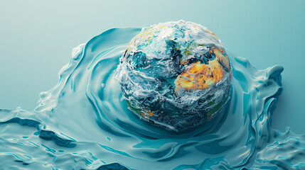 Poster - A top view of a minimalist color background depicts the Earth melting into a pool of liquid, symbolizing the concept of global boiling. The unreal, almost surreal quality of the image captures the
