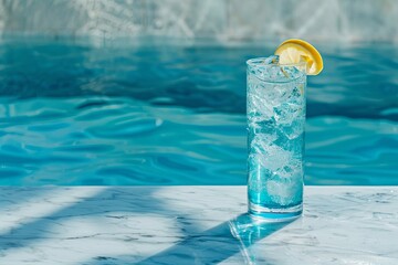 blue cocktail with a fresh lemon next to blue water banner