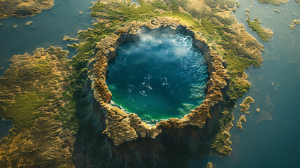 Poster - A top view of a minimalist color background depicts the Earth melting into a pool of liquid, symbolizing the concept of global boiling. The unreal, almost surreal quality of the image captures the