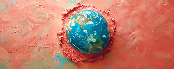 Poster - A visually compelling stock photo presents a top view of the Earth melting into a minimalist, vibrant background. This surreal representation of global boiling is designed with ample copy space,