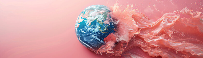 Poster - Against a minimalist, pastel-colored background, a top view captures the Earth in a state of melting, with fluid shapes spreading out from its center. The unreal imagery highlights the severity of
