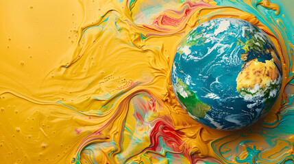 Poster - In a minimalist design, a top-down perspective shows a melting globe on a solid color background. The unreal depiction highlights the urgency of global boiling, with plenty of copy space for