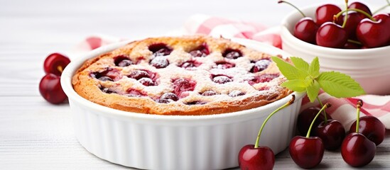 Poster - A homemade cherry clafoutis a traditional French dessert is displayed on a white baking dish placed on a white wooden background There is ample copy space available