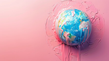 Poster - From a top-down perspective, the Earth is depicted as melting into a vibrant, minimalist background, creating a surreal and unreal visual representation of global boiling. The composition offers