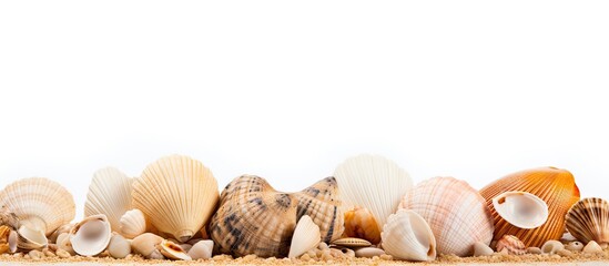 Poster - A close up image of sea shells on sandy beach with a white isolated background providing copy space