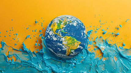 Poster - From a top-down perspective, the Earth is depicted as melting into a vibrant, minimalist background, creating a surreal and unreal visual representation of global boiling. The composition offers