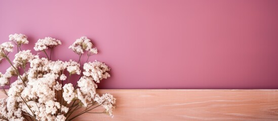 Poster - The pastel pink background features two blank brown wooden panels adorned with a stunning bouquet of white dried flowers leaving ample copy space