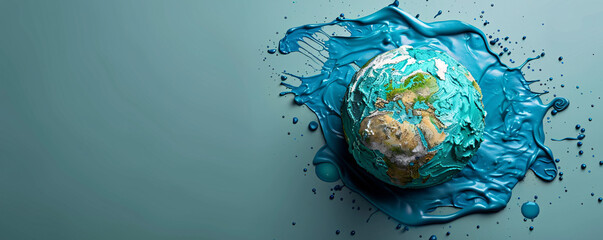 Poster - In a minimalist design, a top-down perspective shows a melting globe on a solid color background. The unreal depiction highlights the urgency of global boiling, with plenty of copy space for