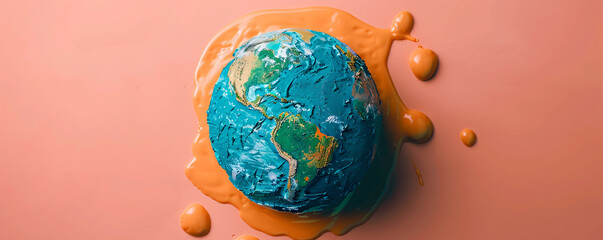 Poster - The image captures an unreal top view of a melting globe against a clean, minimalist color background. This stark portrayal of global boiling features generous copy space, making it suitable for