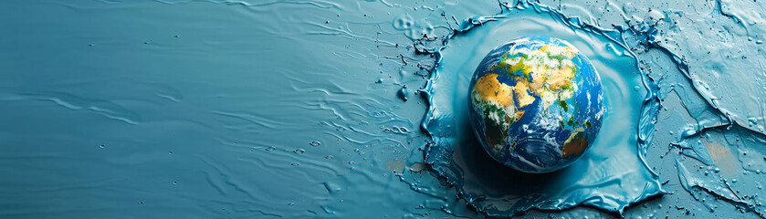 Poster - The top view of a minimalist color background features a melting globe, giving an unreal sense of global boiling. This stark, visually engaging image provides ample copy space for conveying urgent