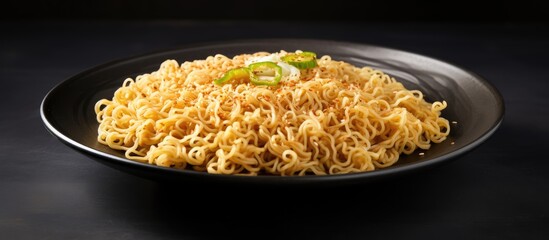 Poster - A close up image of uncooked instant noodles placed on a gray plate providing ample space for text or captions