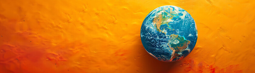 Poster - The top view of a minimalist color background features a melting globe, giving an unreal sense of global boiling. This stark, visually engaging image provides ample copy space for conveying urgent