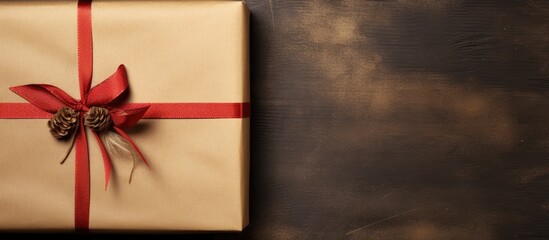 Aufkleber - A New Year s gift with a vibrant red ribbon neatly wrapped in rustic craft brown paper creating a visually pleasing copy space image